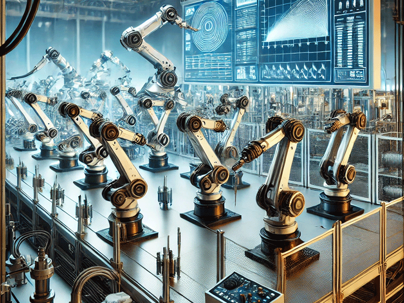 Robotic arms in spring manufacturing factory expertly craft wire forming components, performing synchronized tasks beneath large data screens.