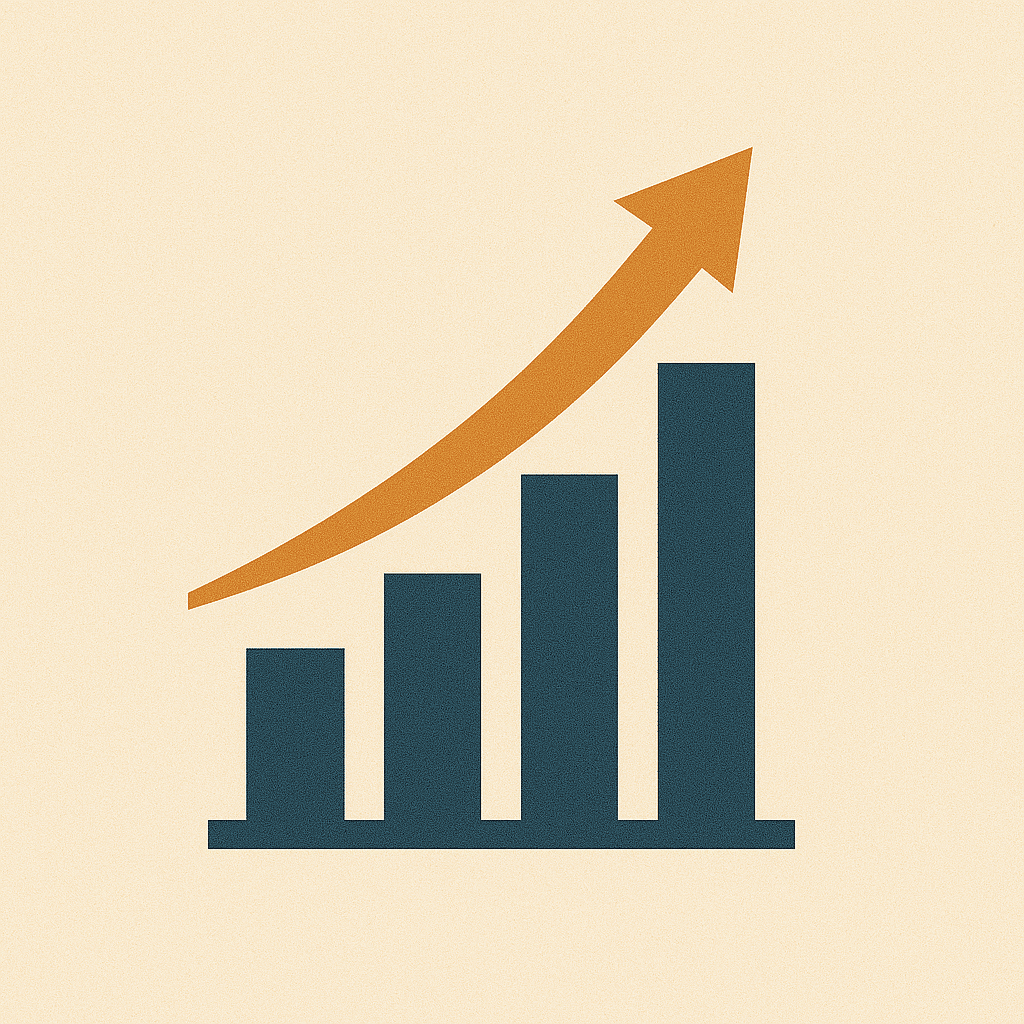 Rising bar chart with upward arrow indicating growth trends